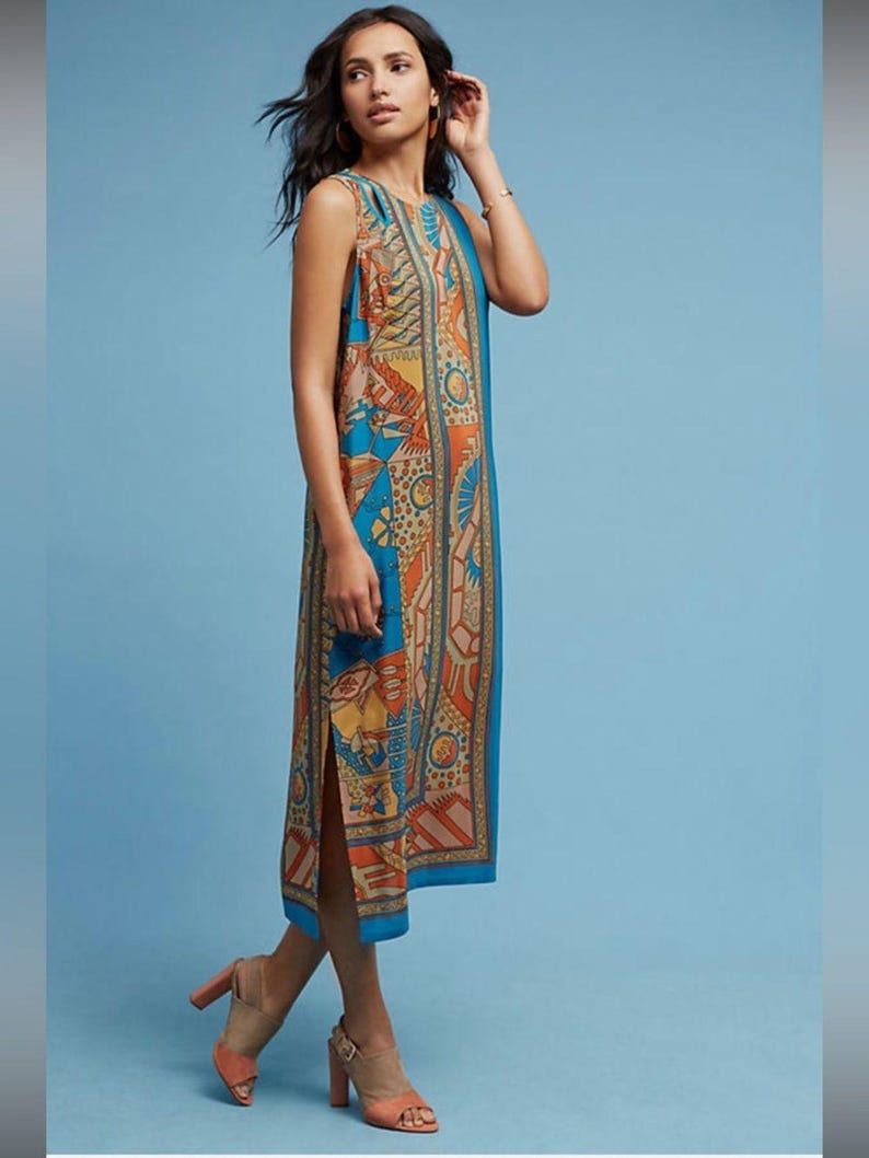 Ärmelloses Boho Midikleid aus Seide in Türkis und Rost Größe Anthropologie 14 Bild 2