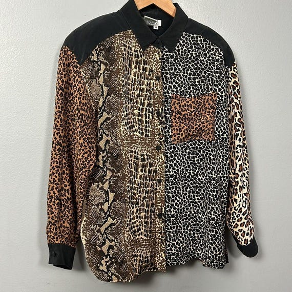 Vintage Silk Leopard Patchwork Button Down shirt … - image 2