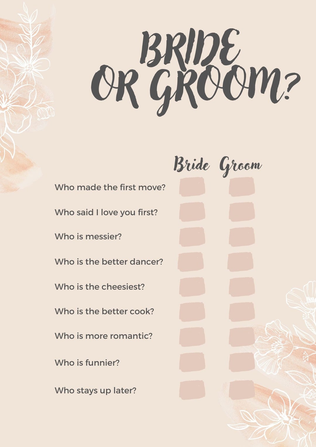 Bridal Shower Guessing Game Etsy