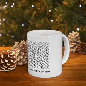 MoodyCat White Mug - Life Is a Maze and I&#39;m Lost Inside - Funny Cat Cup, Minimalist Coffee Mug, Gift for Overthinkers & Friends