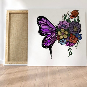 May include: A purple butterfly with a floral bouquet. The butterfly has a purple and black body with a white background. The flowers are in shades of pink, yellow, orange, and blue.