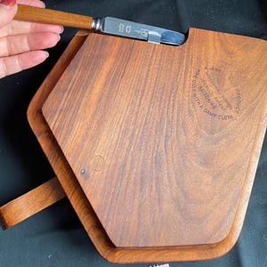 MCM 1940s Wooden Cheeseboard Set - Patented Shield Serving Board with Pyrography Leaf Art, Hidden Storage & Sheffield Wardon cheese knife