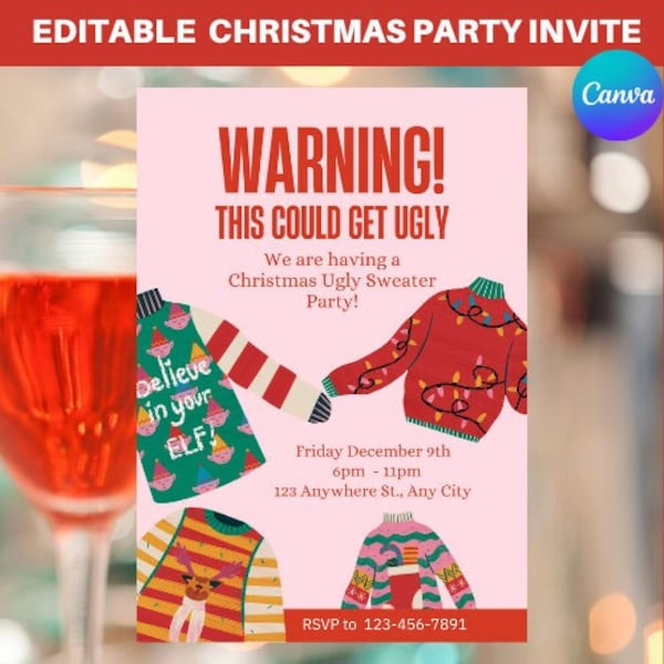 Warning Ugly Sweater Christmas Party Invite - Festive Holiday Celebration Invitation, Editable, Canva, Printable, PDF Digital 2023 Template