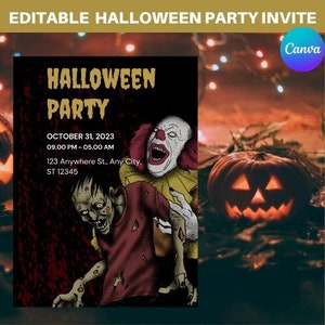 Editable Halloween Invitation, Halloween Clown Halloween Party Invitation, Halloween Birthday Invitation Template Instant Download Canva