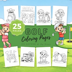 May include: A collection of golf-themed coloring pages. The cover art features a green circle with the text "25 PAGES" and the title "GOLF Coloring Pages". The pages include illustrations of golf carts, golfers, and golf equipment. US Letter & A4 Sizes.