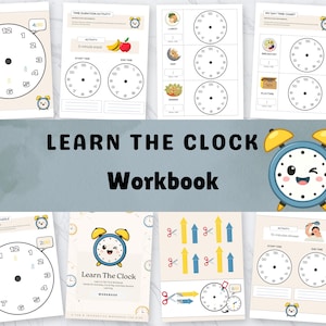 Pode incluir: Um livro de exercícios intitulado "Learn the Clock" com várias atividades de aprendizagem das horas. As páginas apresentam mostradores de relógios, exercícios de duração de tempo e gráficos de rotina diária. A capa apresenta um personagem de relógio de desenho animado.