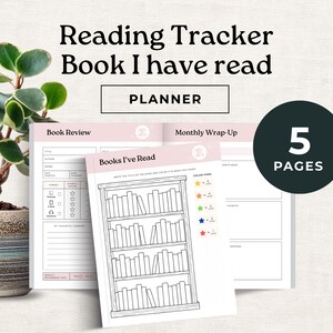 Könnte beinhalten: Ein rosa-weißer Planer mit dem Text "Reading Tracker Book I have read" und "PLANNER". Der Planer enthält Seiten für Buchbesprechungen, monatliche Zusammenfassungen und eine Bücherregal-Grafik, um gelesene Bücher zu verfolgen. Der Planer hat 5 Seiten.