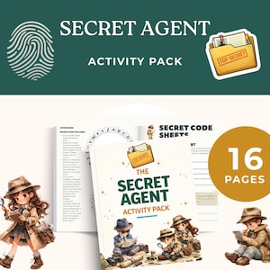 Puede incluir: Un paquete de actividades de Agente Secreto con un gráfico de huellas dactilares y una pegatina de carpeta "Top Secret". La portada presenta ilustraciones de jóvenes detectives y el texto "The Secret Agent Activity Pack". Incluye 16 páginas de actividades.