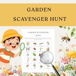 Könnte beinhalten: Bunte Illustration einer Garten-Schnitzeljagd. Das Bild zeigt ein Kind mit einer Lupe, eine Biene und eine Liste mit Dingen, die es zu finden gilt, darunter Blumen, Insekten und Blätter. Der Text "Garden Scavenger Hunt" ist oben zu sehen.