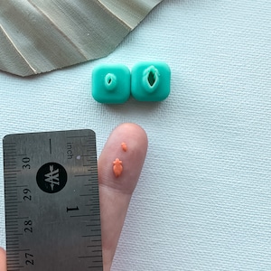 Puede incluir: Dos cortadores de galletas de plástico azul turquesa en forma de corazón y hoja, y dos cortadores de galletas de plástico naranja en forma de corazón y hoja, junto a una regla marcada en pulgadas.