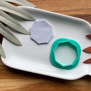 Puede incluir: Una pieza de arcilla blanca en forma de octógono y un cortador de galletas de plástico verde en forma de octógono en un plato blanco.