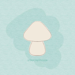 May include: A simple line drawing of a white mushroom on a light blue background. The drawing is in a minimalist style and has a simple, clean aesthetic.