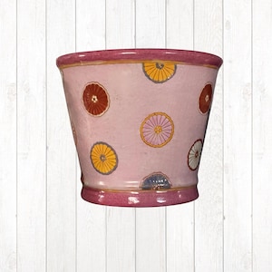 Cheerful Pink Ceramic Flower/ Plant Pot with Cute Multicolored Circle Flowers