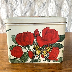 Vintage 1980er Jahre Blumendose Stationäre Box, Vintage Aufbewahrungsdosen, Gartendekor, Blumengartenästhetik, Vintage Rosendekor