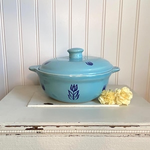 Vintage Cameron Clay Cronin Blue Tulip Handled Casserole Dish Bean Pot with Lid