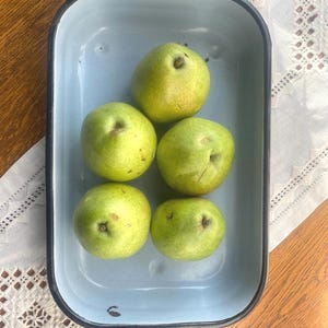 May include: A rectangular, light blue enamelware baking dish with black trim and handles, filled with five green apples. The apples are arranged in the center of the dish, resting on a white lace tablecloth.