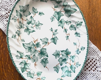 Può includere: Piatto da portata ovale con sfondo bianco e design a foglie di edera verdi. Il bordo è smerlato e ha un bordo verde. Le foglie sono di varie tonalità di verde e marrone.