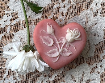 Vintage Pink Incolay Soapstone Heart-Shaped Trinket Box with Roses