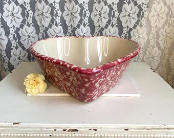Vintage Roseville Pottery Heart Shaped Cranberry Sponge Ware Stoneware Baking Dish