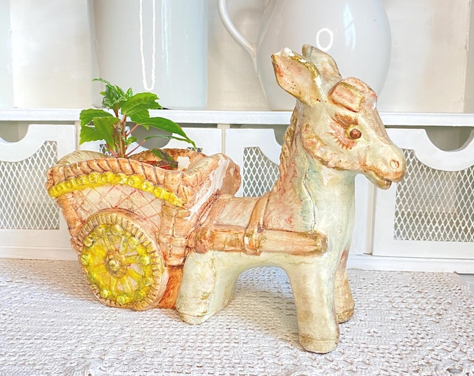 Featured listing image: Vintage 11" Heavy Ceramic Planter - Little Donkey/ Burrow Pulling a Wagon