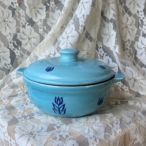 Op de afbeelding: Een lichtblauwe keramische ovenschaal met deksel. De schaal heeft donkerblauwe bloemmotieven en handvatten. Het deksel heeft een kleine knop en bijpassende bloemaccenten. De schaal wordt waarschijnlijk gebruikt om in te koken en te serveren.