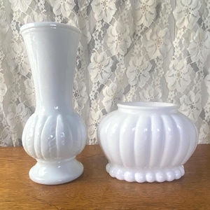 Two Vintage Milk Glass Vases, Short FTD Vase/ Planter, Tall Randall Feather Pattern Vase, Vintage Glass Decor, Wedding Decor, Cottagecore