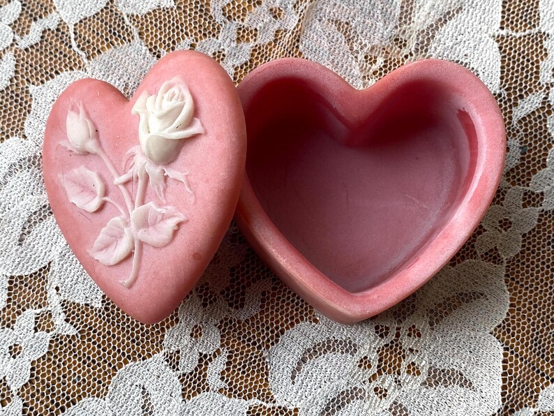 Pink Incolay Box Vintage Pink Incolay Soapstone Heart-shaped Trinket Box With Roses - Etsy