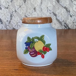 Vintage Ceramic Storage Jar with Fruit Pattern and Wooden Lid, Vintage Kitchen Organization/ Storage Canisters