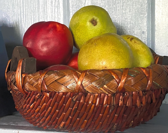 Featured listing image: 10.5" Vintage Woven Wicker and Braided Grass Basket with Wooden Handles in Primitive Arts and Crafts Style, Farmhouse Style Decor
