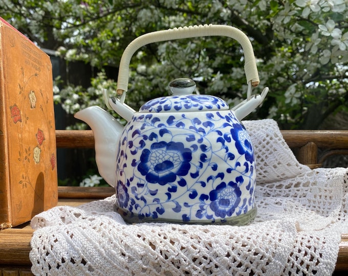 Featured listing image: Vintage Style Blue and White Ceramic Teapot