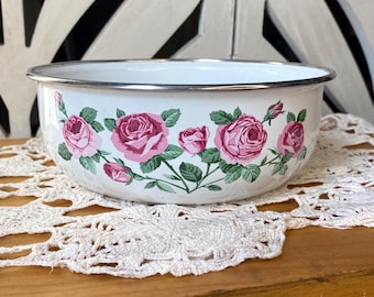 Bol gigogne vintage 7" émaillé avec roses roses | Bol à mélanger et à servir