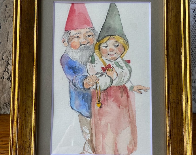 Featured listing image: Signed Gnome Couple Watercolor Painting, Framed Art