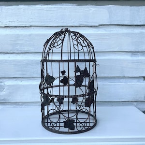 14" Vintage Metal Rustic Bird Cage with Butterflies and Leaves, Vintage Bird Cage Decor, Vintage Bird Cage Planter, Porch/ Garden Decor