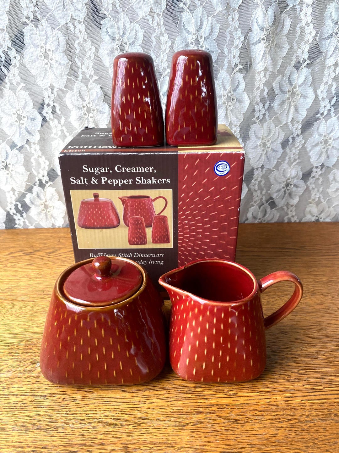 Vintage Ruff Hewn Creamer, Sugar, Salt & Pepper Shakers | Brick Red ...