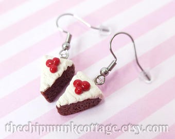 Handmade Cherry Chocolate Cake Earrings | Polymer Clay Tiny Food Dessert Jewelry | Cute Kawaii Christmas Valentines Birthday Gift