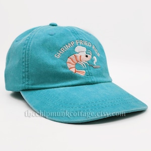 Shrimp Fried Rice Embroidered Washed Caribbean Blue Cap Hat | Adjustable Unstructured Low Profile