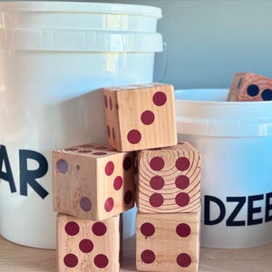 Yardzee Dice Set: 3.5&quot; Wooden Cubes, Laminated Score Sheet