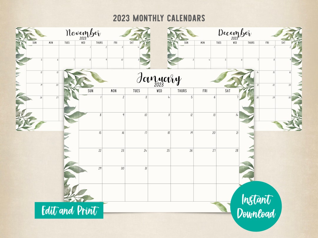 2023 Monthly Calendar | Editable Calendar | Printable Calendar | Yearly