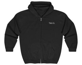 May include: A solid black zip-up hoodie featuring a hood with drawstrings, long sleeves, and two front pockets. The text T.W.I.S. is printed in white on the upper left chest area. The garment has a full-length silver-toned metal zipper closure.