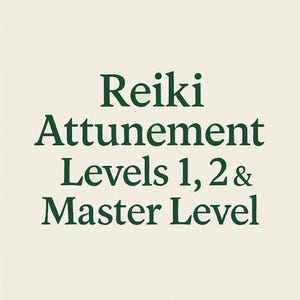 May include: Cream-colored background with the words "Reiki Attunement Levels 1, 2 & Master Level" in dark green, elegant serif font. The text is centered and takes up most of the image.