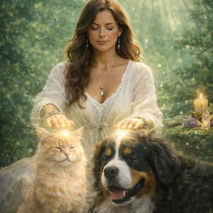 Puede incluir: Imagen con el texto "The Loft Co" y "Reiki for your Pets". Se muestra a una mujer con un vestido blanco con un gato y un perro. El gato es naranja y el perro es negro, marrón y blanco.