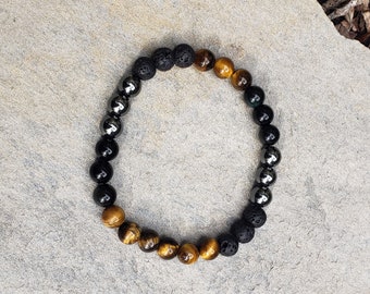 Men's Tiger Eye Bracelet with Black Obsidian, Hematite and Black Lava Stones using 8 mm beads