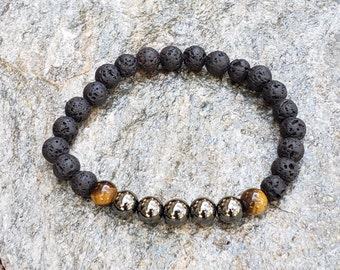 Hematite and Tiger Eye Bracelet with Black Lava Stones 8 mm beads