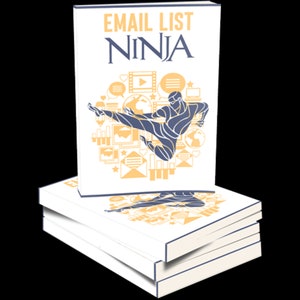 Könnte beinhalten: Ein Stapel weißer Bücher mit einem blauen Streifen am Rand. Das oberste Buch hat eine gelbe und blaue Illustration einer Person, die tritt, mit dem Text "Email List Ninja" in Schwarz.