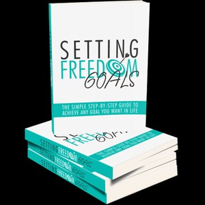 Könnte beinhalten: Ein Stapel Bücher mit dem Titel "SETTING FREEDOM GOALS". Die Buchumschläge sind weiß mit türkisfarbenen Akzenten und schwarzem Text. Der Titel ist in großen, stilisierten Buchstaben mit einer Zielscheibengrafik gehalten. Der Slogan lautet: "THE SIMPLE STEP-BY-STEP GUIDE TO ACHIEVE ANY GOAL YOU WANT IN LIFE."