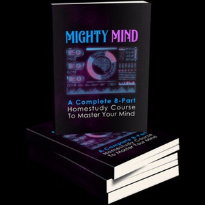 May include: A stack of black and purple books with the title "Mighty Mind: A Complete 8-Part Homestudy Course To Master Your Mind" on the top book.