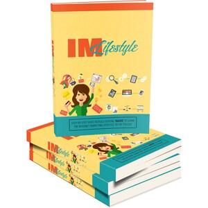 Puede incluir: Una pila de tres libros amarillos y turquesa con el título "IM Lifestyle" y una ilustración de dibujos animados de una mujer sosteniendo una tarjeta de crédito y una computadora portátil. El texto en la portada dice "Guía paso a paso que revela varios "trucos" para vivir el estilo de vida del marketing en Internet al máximo."