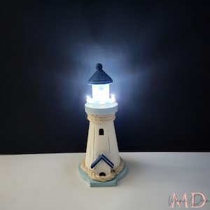 Illuminated wooden lighthouse, White lighthouse, Nautical decoration, Maritime lighthouse with light, Coastal lighthouse, Maritime tower