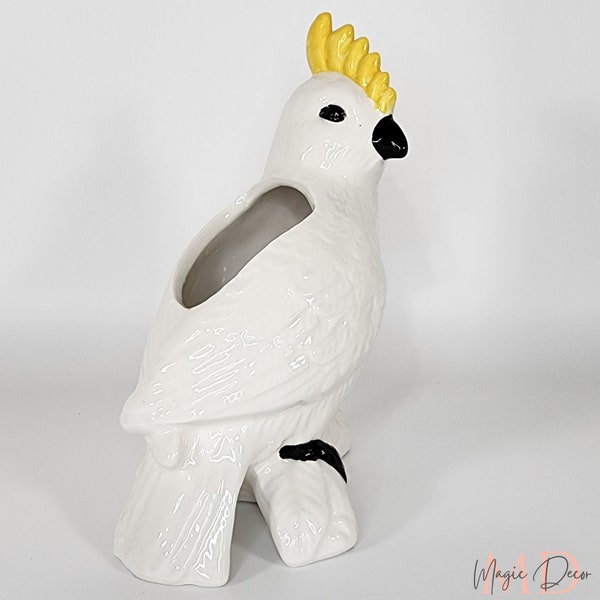 Ceramic White Cockatoo for Planter, Hand Painted Ceramic Bird, Vintage Cockatoo, Bird Ornaments, Home Decor, Ceramic Cockatoo, patio decor.
