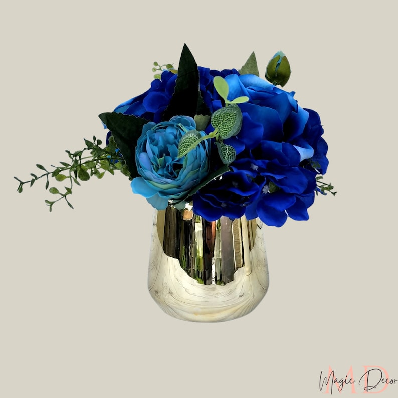 Table decoration, vase with flowers, centerpiece, centerpiece with artificial flowers, home decoration, blue artificial flowers, silk flower image 3